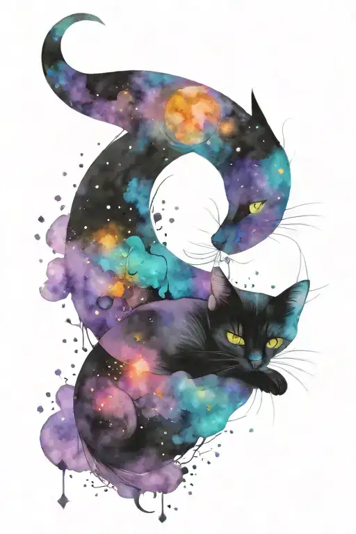 black cat with amythyst crystals, a crescent moon, and galaxy background tattoo design idea