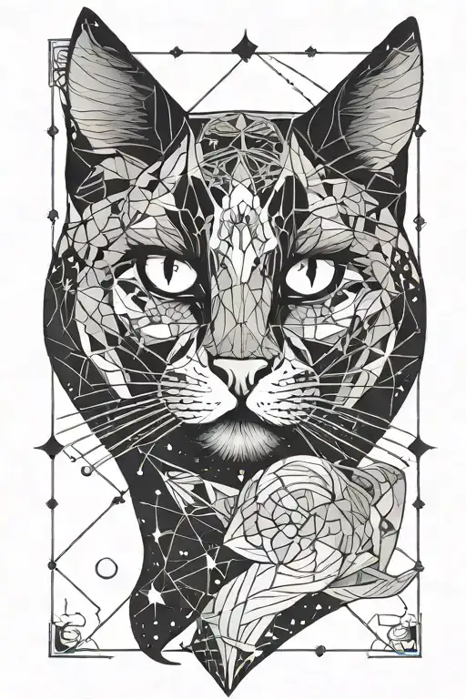 black cat with amythyst crystals, a crescent moon, and galaxy background tattoo design idea
