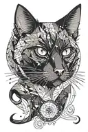 black cat with amythyst crystals, a crescent moon, and galaxy background tattoo design idea