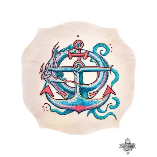 Stock anchor in the center, leaning left to right. framed by an ancient golden dragon on floor, Neptune behind tattoo design idea