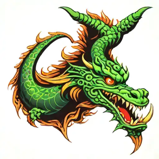 japanese dragon with 3 pair of horns 6 eyes  and angry open mouth in green toxic color tattoo design idea