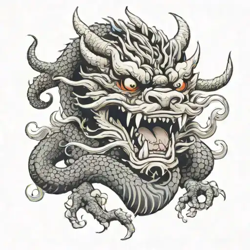 japanese dragon with 3 pair of horns 6 eyes  and angry open mouth with long tongue tattoo design idea