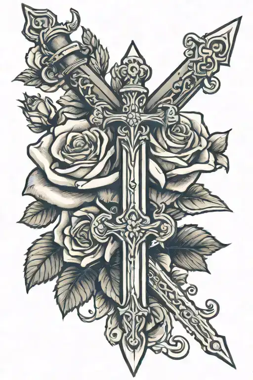 roses, sword, cross intertwined tattoo design idea