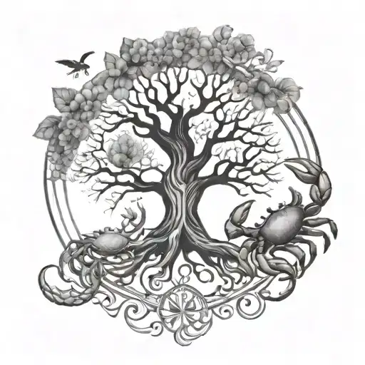 tree of life, growing around zodiac crab tattoo design idea