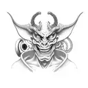 Demon holding a computer mouse with purple hat and circuitry details tattoo design idea