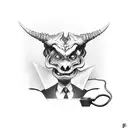 Demon holding a computer mouse with purple hat and circuitry details tattoo design idea