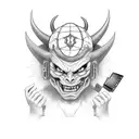 Demon holding a computer mouse with purple hat and circuitry details tattoo design idea