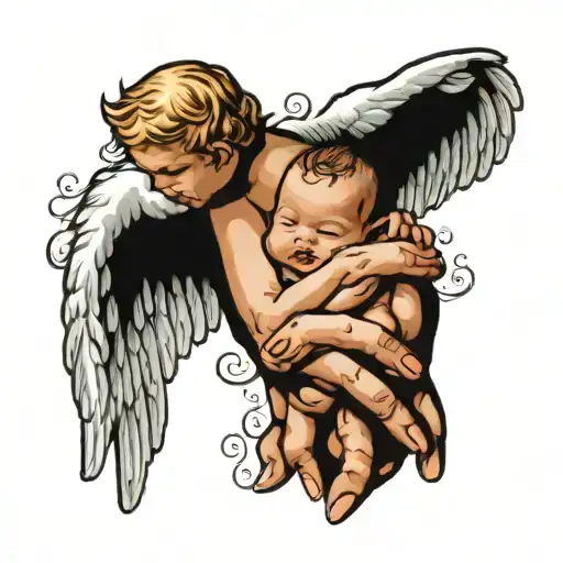  angel wings and a baby’s hand holding on to a mothers finger tattoo design idea
