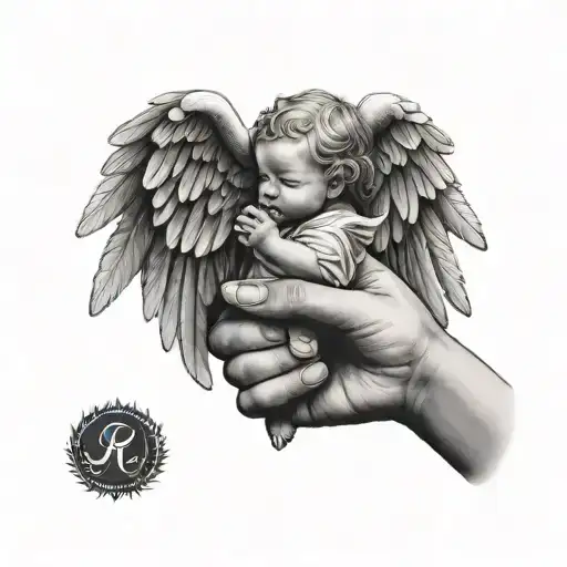  angel wings and a baby’s hand holding on to a mothers finger tattoo design idea
