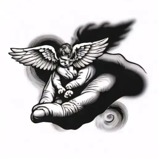  angel wings and a baby’s hand holding on to a mothers finger tattoo design idea