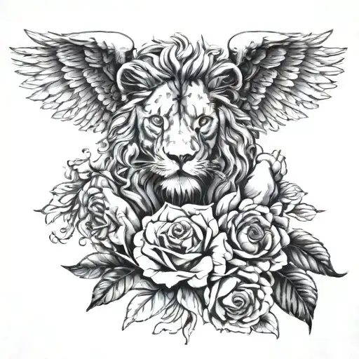 A lion with flowers and angel wings and a baby’s hand holding on to a mothers finger tattoo design idea