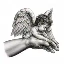  angel wings and a baby’s hand holding on to a mothers finger tattoo design idea