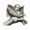  angel wings and a baby’s hand holding on to a mothers finger tattoo design idea