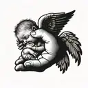  angel wings and a baby’s hand holding on to a mothers finger tattoo design idea