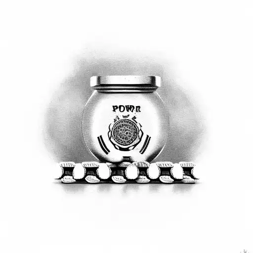 A stack of coins with the phrase 'Dinheiro é poder' (Money is power) in a bold font tattoo design idea