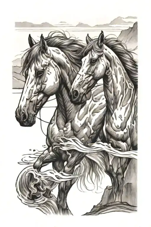 two horses grooming each other by a river with mountains tattoo design idea