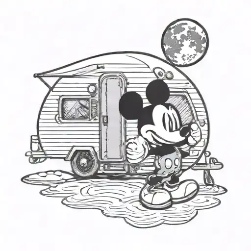Mickey Mouse in a travel trailer with a full moon phase tattoo design idea