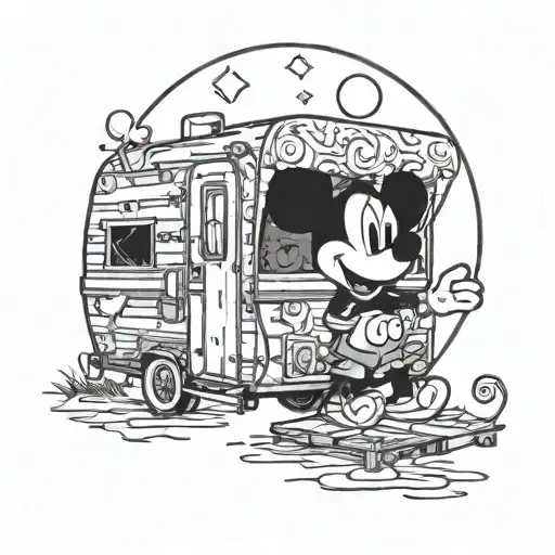 Mickey Mouse in a travel trailer with a full moon phase tattoo design idea