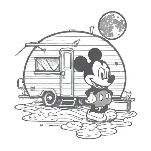 Mickey Mouse in a travel trailer with a full moon phase, with a campfire tattoo design idea