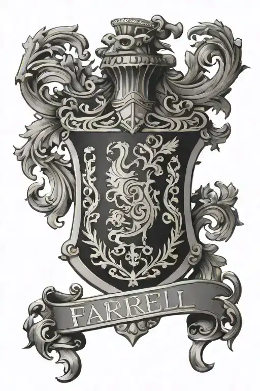 Farrell family crest shield with filagree tattoo design idea