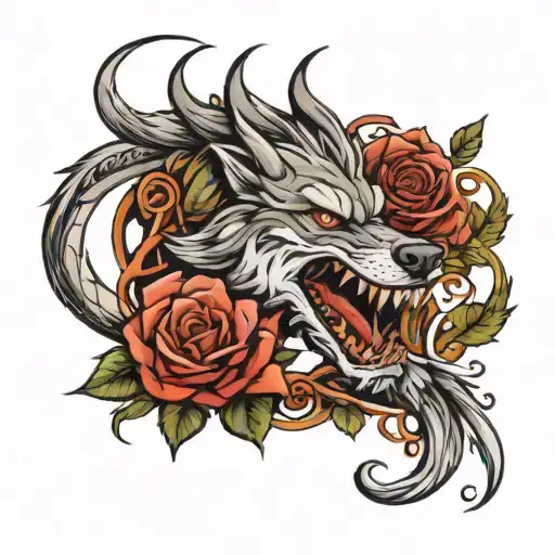 wolf rose dragon wrapped tattoo design idea