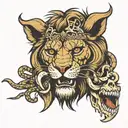 Lion chewing on a human skull with snakes wrapping around the lion tattoo design idea