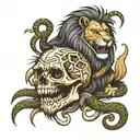 Lion chewing on a human skull with snakes wrapping around the lion tattoo design idea