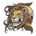 Lion chewing on a human skull with snakes wrapping around the lion tattoo design idea