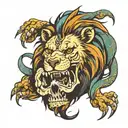 Lion chewing on a human skull with snakes wrapping around the lion tattoo design idea
