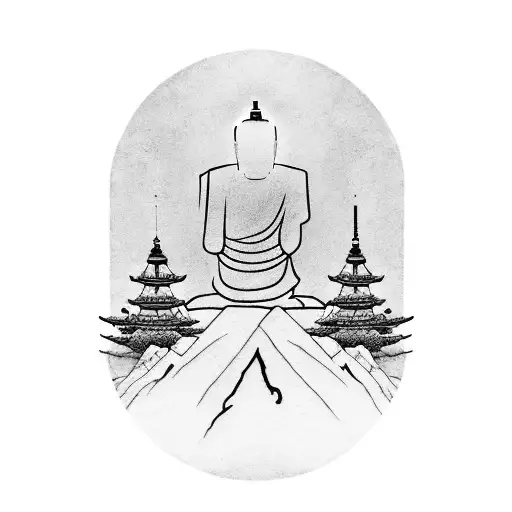 A minimalist tattoo of a samurai standing on a mountain peak, with a serene buddha meditating in the background. tattoo design idea