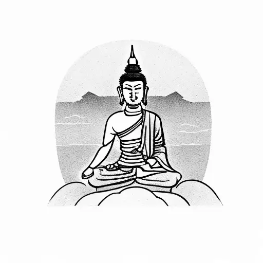 A minimalist tattoo of a samurai standing on a mountain peak, with a serene buddha meditating in the background. tattoo design idea