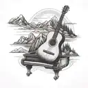 A black-grey tattoo of a detailed mountain landscape with a guitar and piano integrated into the design tattoo design idea