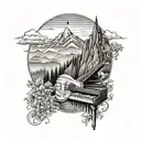 A black-grey tattoo of a detailed mountain landscape with a guitar and piano integrated into the design tattoo design idea