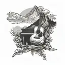 A black-grey tattoo of a detailed mountain landscape with a guitar and piano integrated into the design tattoo design idea