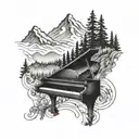A black-grey tattoo of a detailed mountain landscape with a guitar and piano integrated into the design tattoo design idea