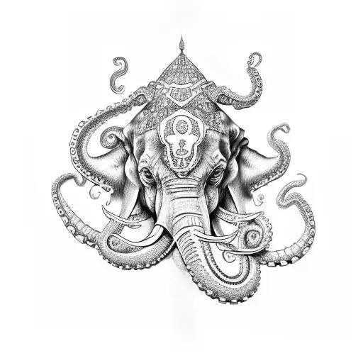 Elephant head with an octopus tentacles tattoo design idea