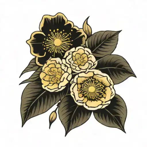 yellow camellia flower and clematis flowered  tattoo design idea