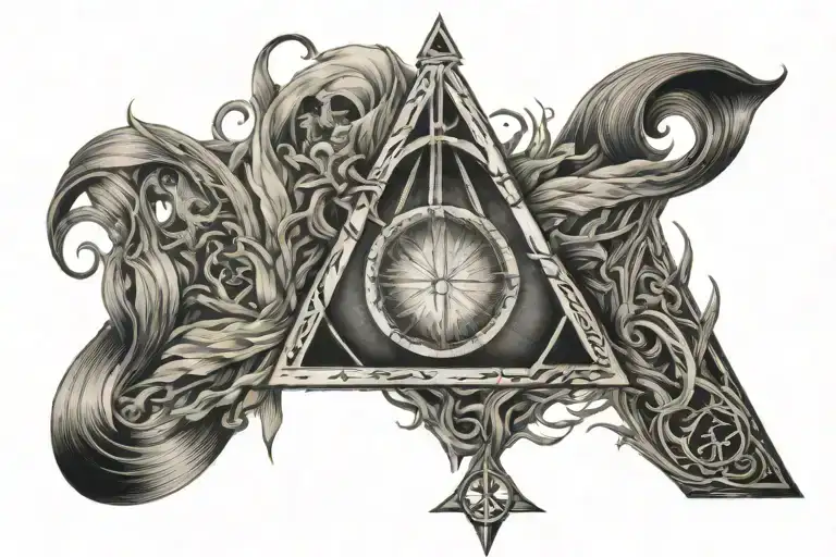 covering the deathly Hallows symbol with lord of the rings and fantasy  tattoo design idea