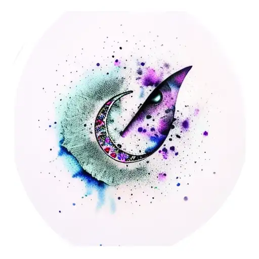 Purple and blue Watercolor splatter in the background with a crescent moon, cat, and crystals tattoo design idea