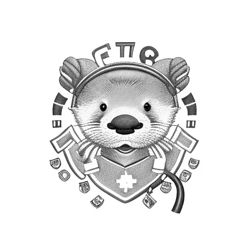 otter in a paramedic polo that has a star of life with a stethoscope around its neck and baseball hat to the back tattoo design idea