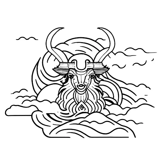 A Japanese-inspired tattoo of an Aries ram surrounded by waves and tulip petals tattoo design idea
