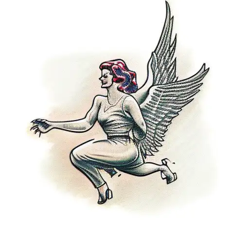 female angel diving downwards tattoo design idea