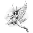 Create a tattoo design featuring a fallen angel, and a female angel diving to rescue him tattoo design idea