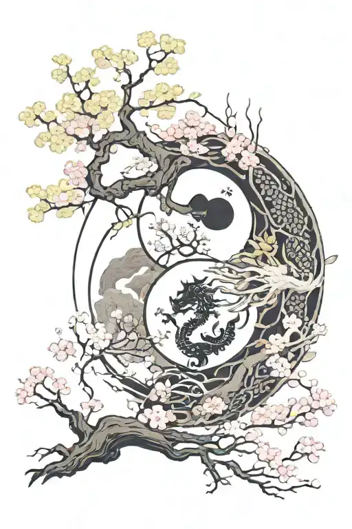 yin and yang with samurai and dragon and sakura tree on the whole hand tattoo design idea
