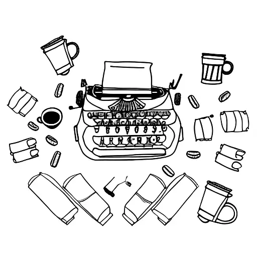 A typewriter surrounded by coffee cups and a cozy blanket tattoo design idea