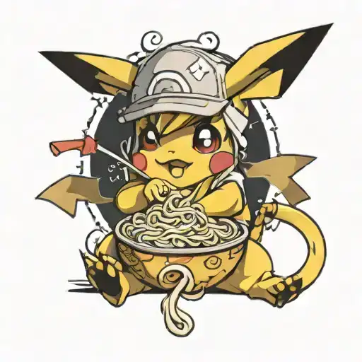 pickachu sitting eating ramen noodles tattoo design idea