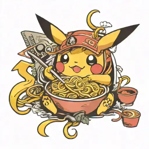 pickachu sitting eating ramen noodles tattoo design idea