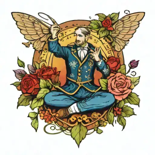 the magician tarot card with flowers around it tattoo design idea