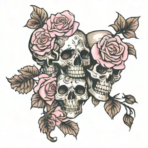 skulls roses pink tattoo design idea