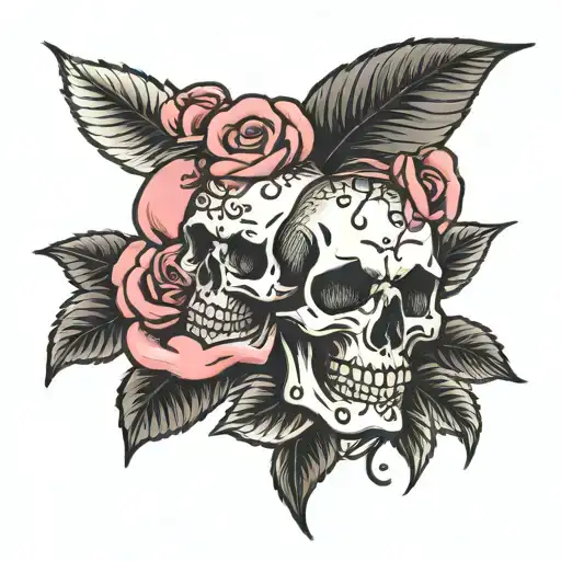 skulls roses pink tattoo design idea